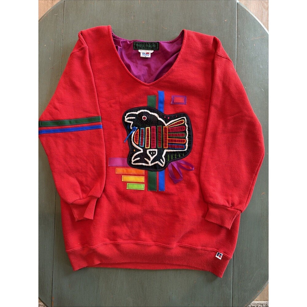 Vtg Russell Athletic Mola Magic Sweatshirt Red V-Neck Panama Folk Art Bird Sz M